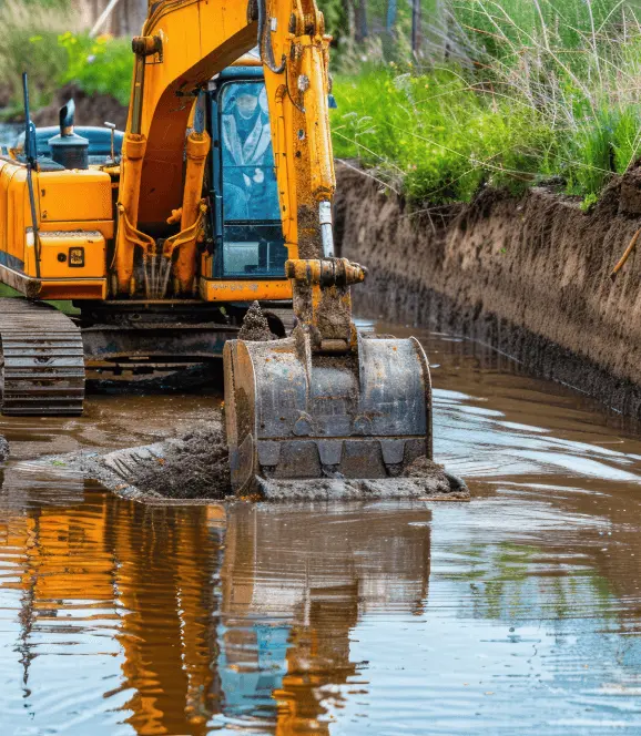 Excavator building a pond for dewatering purposes